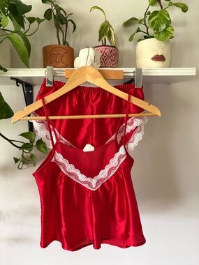 Red Satin Lace-Trim Camisole and Short Set